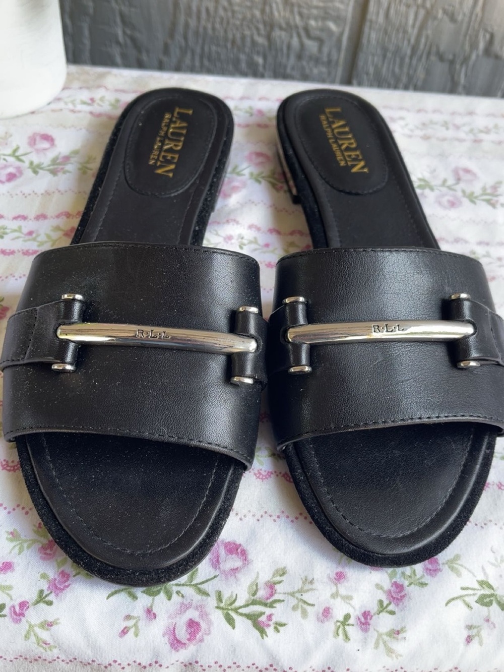 Lauren Ralph Lauren Black Leather Slide Sandals with Silver-Tone Bar